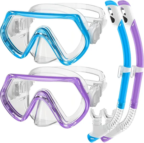 Miniatura 15 de 2 juegos de equipo de esnórquel para niños de 3 a 14 años, antivaho 180° Clear View Dry Top Snorkel Set, máscara de natación con cubierta nasal