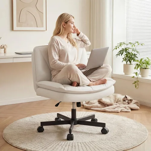 DurayLoly Silla Criss Cross con Ruedas, Silla de Oficina con Patas Cruzadas con Cojín de 2 Capas, Asiento Ancho Cómodo, Cuero, Sin Brazos, Sillas de