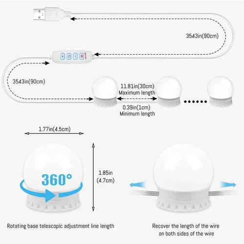 Miniatura 3 de Luces LED de espejo de tocador estilo Hollywood, luz de relleno USB, temperatura de color ajustable y brillo, adecuada para espejo de cuerpo