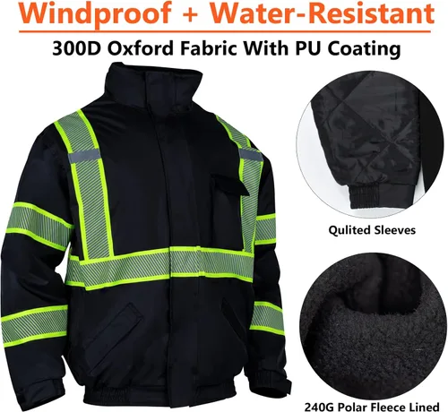 Miniatura 4 de VENDACE Chaquetas de Invierno Reflectantes de Alta Visibilidad Hi Vis para Hombres Forro Polar ANSI Clase 1 Negro (Negro, 3XL)