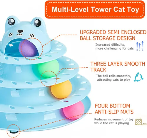 Miniatura 4 de Juguetes para gatos, pista de bola giratoria de 4 niveles, juguete interactivo para gatos de interior, rodillo divertido con bola giratoria Azul
