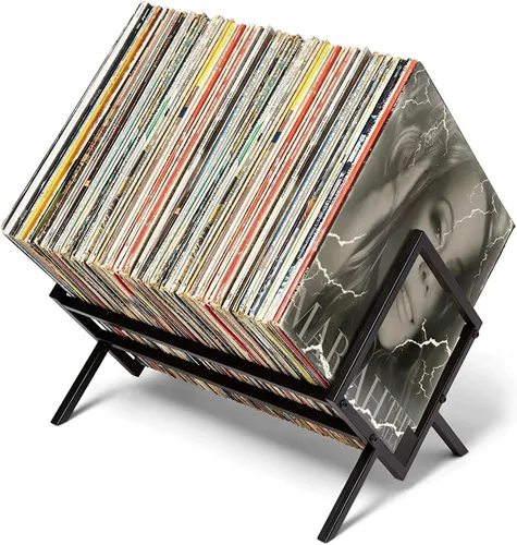 Miniatura 7 de Soporte para discos de vinilo, organizador de vinilo 80-110 LP, estante de almacenamiento de álbumes de metal para libros, álbumes, revistas