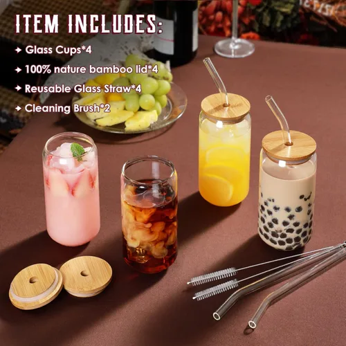 Miniatura 2 de Juego de 4 vasos para beber con tapas de bambú y popote de vidrio, vasos de vidrio de 16 onzas, vasos de café helado, bonitos vasos de té helado