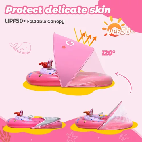 Miniatura 2 de LAYCOL Baby Pool Float with Canopy UPF50+, 120°Adjustable Sun Protection and Anti-Tip Safety Seat, Inflatable Toddler Floaties Infant Pool Float Rosa