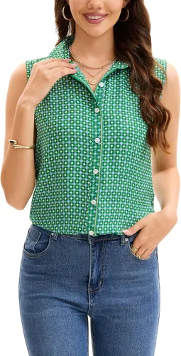 Miniatura 26 de JTD Camisas sin mangas con botones para mujer, tops casuales con cuello, camiseta sin mangas con cuello en V, blusas de verano para trabajo
