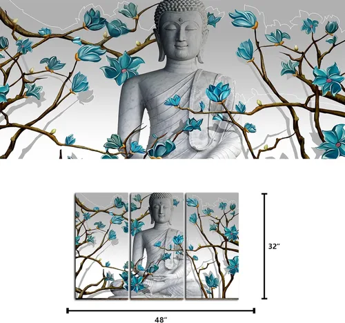 Miniatura 5 de Visual Art Decor 3 piezas de arte de pared de Buda estatua de Buda con flores azules abstractas, impresiones en lienzo para sala de estar