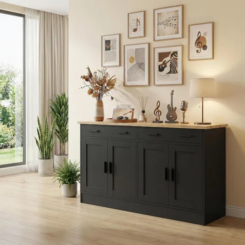 Miniatura 9 de Anystyle Armario de buffet negro de 53 pulgadas con almacenamiento, aparador de cocina, servidor de buffet con 2 cajones y 4 puertas, moderno