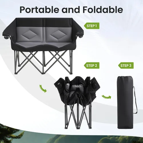 Miniatura 5 de Silla plegable doble de camping para 2 personas, resistente y de gran tamaño, soporta 800 libras con portavasos y bolsillo lateral para campamento