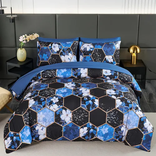 Miniatura 10 de ZRNBAST - Juego de edredón de nido de abeja negro de tamaño completo de 7 piezas, ropa de cama hexagonal suave y ligera, de mármol para todas