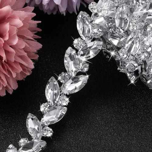 Miniatura 9 de BBTO Adorno de cadena de diamantes de imitación, adorno de cristal para boda, disfraz de novia, cadena de hojas de flores, costura, adornos