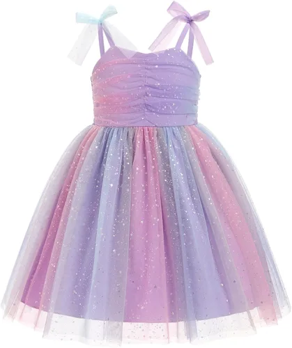 Miniatura 20 de IMEKIS Vestido de princesa de cumpleaños para niña pequeña, confeti brillante, bohemio, arcoíris, cake smash, sesión de fotos, conjunto para 1-6T