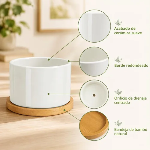 Miniatura 4 de ZOUTOG Macetas de Cerámica para Suculentas, Macetas de 4 Pulgadas, Macetas para Suculentas con Orificio de Drenaje y Bandeja de Bambú para Plantas