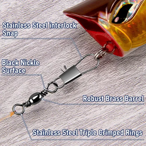 Miniatura 3 de Alwonder Paquete de 100 unidades de barril de pesca giratorios con broches de presión, aparejos de pesca de acero inoxidable seguro entrelazado
