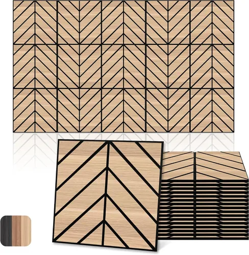 Miniatura 15 de Mollywell Paneles acústicos, decoración de grano de madera de PVC, azulejos de pared con patrón tallado de 12 x 12 pulgadas, autoadhesivos