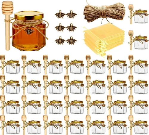 Adabocute Pote de miel, mini tarros de miel de vidrio con cuchara de madera, tapa dorada, dijes de abeja, bolsas de organza doradas, etiquetas de