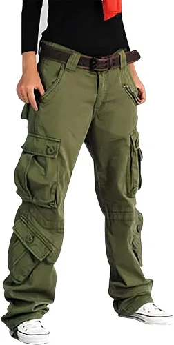 Akivide Pantalones cargo holgados casuales para mujer, cintura baja, militares, con múltiples bolsillos, pantalones de trabajo para mujer