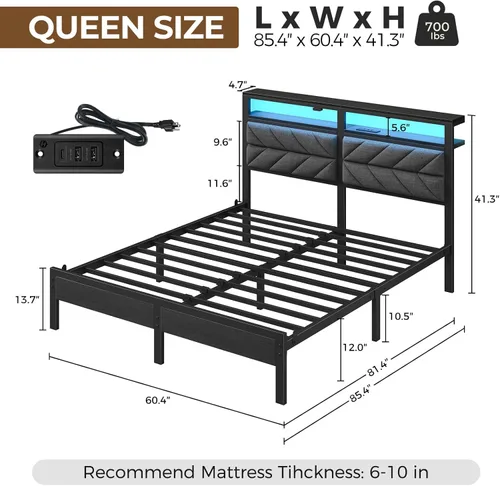 Miniatura 2 de Seventable Base de cama tamaño Queen con estación de carga, cama LED con cabecera de almacenamiento tapizada, cama de plataforma de metal con Gris