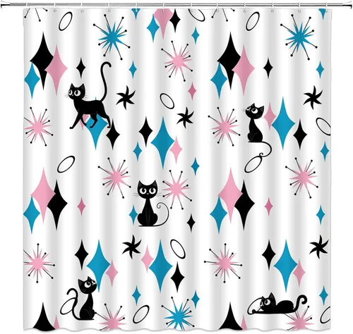 GCTNBJL Mid Century Atomic Cat Shower Curtain Blue Pink Diamond Black Cat Stars Modern ​Abstract Geometric 1950s 1960s Retro 36x70(WxH) Inches