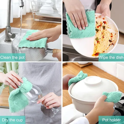 Miniatura 6 de Paquete de 12 paños de cocina de 12 x 12 pulgadas, paño de limpieza de microfibra de terciopelo coral grueso, paños de cocina altamente absorbentes