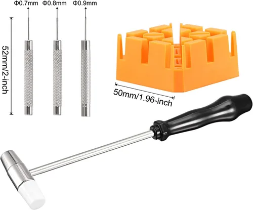 Miniatura 2 de uxcell Juego de herramientas de extracción de pin de enlace de banda de reloj con pernos de martillo 0.70.80.035 in soporte de correa naranja