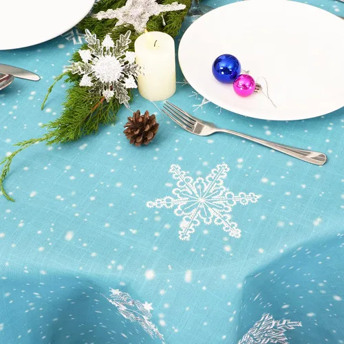 Miniatura 2 de Mantel bordado de copos de nieve para Navidad (azul claro, redondo de 70 pulgadas)