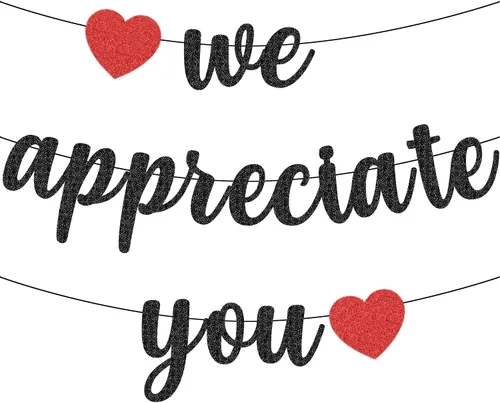 Cartel con texto en inglés "We Appreciate You" con purpurina negra de agradecimiento a los empleados, maestros, doctores, enfermeras, personal, Negro