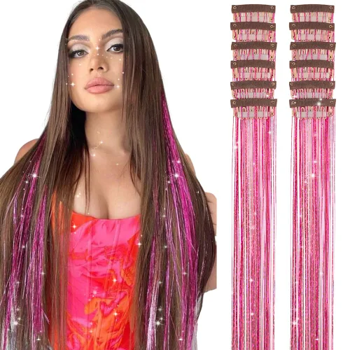 Miniatura 20 de Paquete de 12 extensiones de cabello de oropel con clip, paquete de 12 unidades, 20 pulgadas, extensiones de cabello de oropel con purpurina, negro#