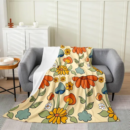 Manta de vellón de franela de hongos, bonita manta de felpa decorativa de hongos, retro de los años 60 y 70 S, floral para todas las estaciones,