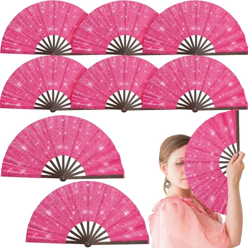 Miniatura 8 de Wenqik Abanico de mano plegable grande con purpurina de 9 piezas, decoración del día de San Valentín, ventilador chino de Kung Fu para el hogar