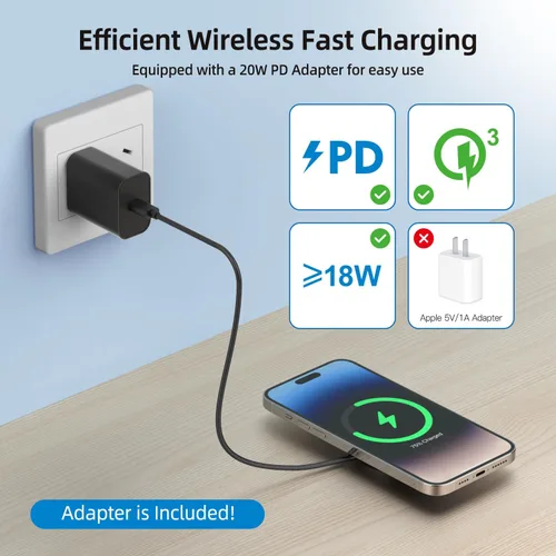 Miniatura 6 de Cargador inalámbrico, 6.5 pies/6.6 ft 15 W Max Fast Magnetic Wireless Charging Pad compatible con iPhone 16/15/14/13/12 con convertidor USB-A, negro