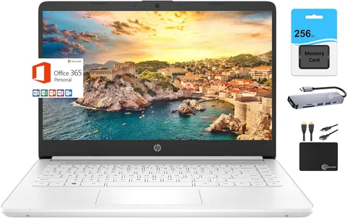 HP Laptop delgada HD de 14 pulgadas para estudiantes, Intel N4120 de cuatro núcleos, 16 GB de RAM, 320 GB (64 GB eMMC+ tarjeta de 256 GB), cámara