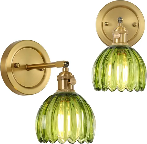 Juego de 2 apliques de pared vintage con cable para interiores con pantalla de cristal de tulipán, lámpara de pared ajustable en 180° con