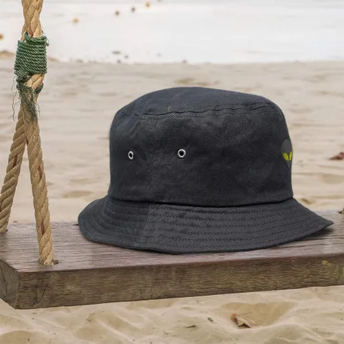 Miniatura 3 de Custom Bucket Apparel Sombrero Alien Gris Cabeza Ojos Amarillos Bordado para Hombres y Mujeres Solo diseño negro.