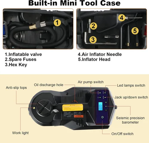 Miniatura 4 de TYAYT Kit de gato eléctrico para automóvil, gato hidráulico de 5 toneladas con bomba inflable incorporada, gato portátil de 12 V con luz LED