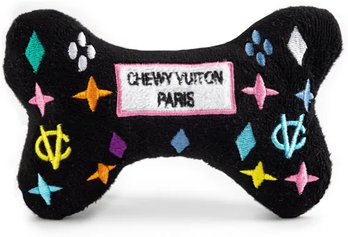 Miniatura 45 de Haute Diggity Dog Black Checker Chewy Vuiton Bone, Juguetes de Peluche de Diseñador para Perros con Chirriador Interactivo, Estimulante Hueso