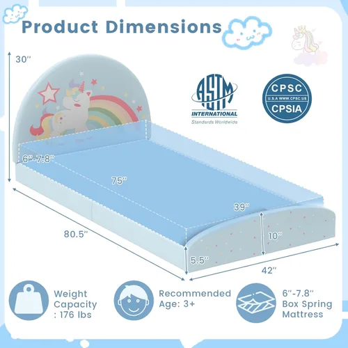 Miniatura 2 de Costzon - Base de cama individual para piso, cama tapizada para niños con alfombra de tela Oxford 210D, soporte central y tablas acolchadas, cama