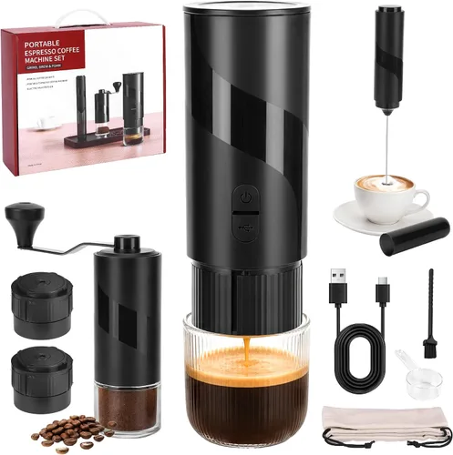 Miniatura 10 de Cafetera portátil recargable de viaje con USB-C, 20 bar, cafetera eléctrica para acampar y viajar, cafetera de coche 3 en 1, compatible con café