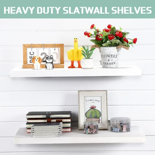 Miniatura 4 de Landical Juego de 4 estantes flotantes de madera para pared, estantes de pared de listones blancos con ganchos de metal, accesorios para sala