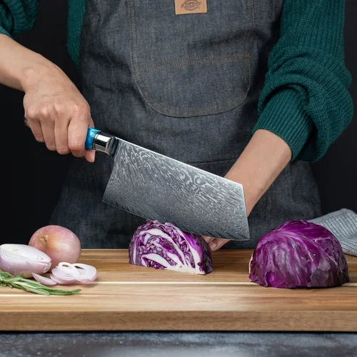 Miniatura 2 de SENKEN - Cuchillo de carnicero de acero Damasco, colección Tsunami, acero japonés VG10 de 67 capas, resina azul única y mango de madera natural