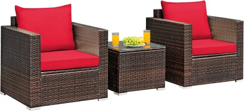 Miniatura 10 de Tangkula Juego de muebles de patio de 3 piezas, juego de sofá de mimbre de ratán PE con cojín lavable y mesa de vidrio templado, muebles de Mezcla