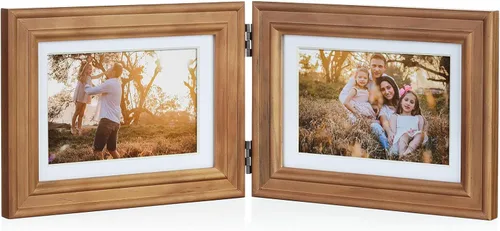 Miniatura 20 de Marco de fotos doble horizontal con bisagras plegable de 4 x 6 pulgadas en madera de pino negro con vidrio real para mesa X3-HEI-2H46