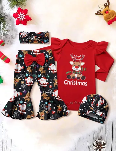 Miniatura 10 de Ropa de bebé niña, 4 piezas, trajes de niña recién nacida, con volantes, mameluco de campana para bebé, diadema, bandana, conjuntos de ropa, regalos