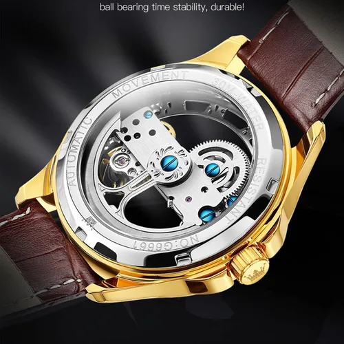 Miniatura 2 de OLEVS Relojes mecánicos automáticos para hombre, reloj esqueleto, impermeable, correa de cuero marrón, negro, oro rosa, relojes de pulsera