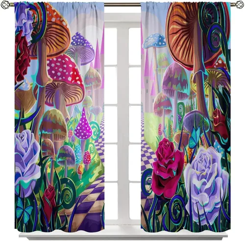 Miniatura 26 de Cortinas semitraslúcidas de hongos, estilo bohemio, plantas místicas, sol, luna, tratamiento de ventana para dormitorio, sala de estar, cocina