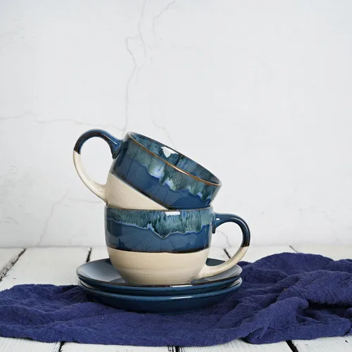 Miniatura 6 de Bosmarlin Juego de 2 Tazas de Capuchino de Cerámica con Platillo, 10 Oz, Tazas de Café para Café con Leche, Espresso, Té, Aptas para Lavavajillas