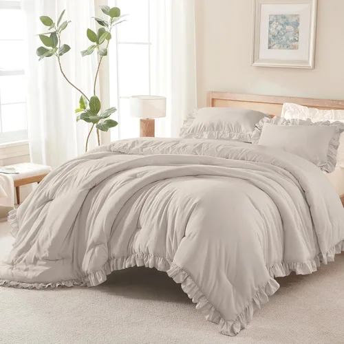 Miniatura 18 de Andency Juego de edredón beige tamaño King, 3 piezas estilo farmhouse shabby chic con volantes, ligero esponjoso suave de microfibra para todas