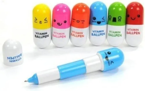 24 bolígrafos de píldora de vitaminas, bolígrafo de punta redonda retráctil novedoso con cara sonriente, lindo dibujo animado con emoción
