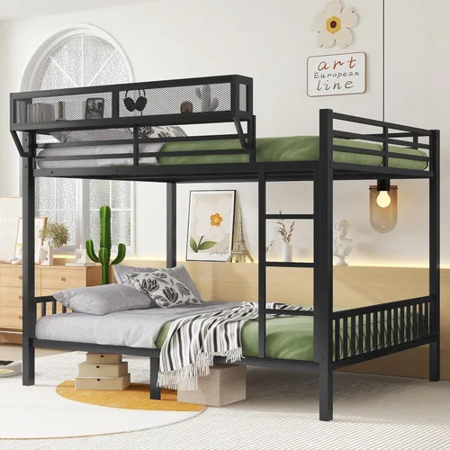 Miniatura 10 de Litera Queen sobre Queen, marco industrial desmontable con cubierta de escalera suave y barandillas altas, literas industriales para niños, niñas