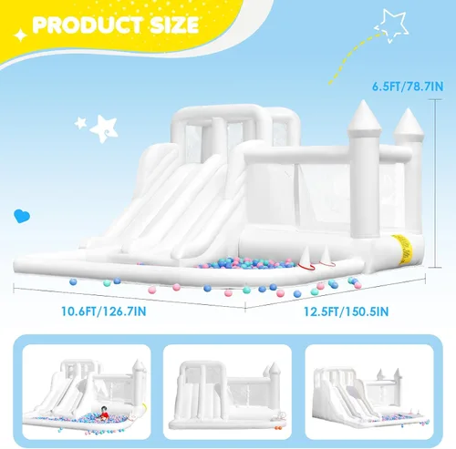 Miniatura 2 de Casa de rebote Oxford blanca de 12.5 x 10.6 pies, castillo inflable para niños con tobogán y piscina de pelotas, casa de rebote inflable