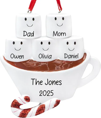 Miniatura 12 de Adorno de Navidad personalizado de la familia de 6 de chocolate caliente 2026 Malvaviscos personalizados en taza de cacao con bastón de caramelo